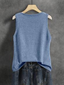 Women's Solid Color Knit Vest, Retro Japanese Style Layering Casual Short Cardigan, Versatile For Summer Vacation, Autumn, Spring - Blue - View 6