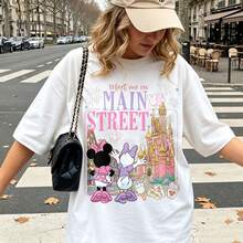 Disney "Meet Me On Main Street" Magic Kingdom Castle Oversized T-Shirt Unisex, 100% Cotton Vintage Short Sleeve Casual Top, Minnie & Daisy Graphic Print Tee - trắng - Xem 1