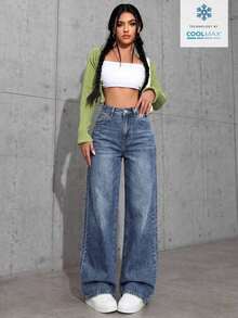 Women's Pocketed Wide Leg Relaxed Casual Denim Jeans - 深色洗 - 查看 3
