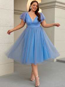Women Plus Size Elegant Sequin Floral Print Mesh Applique V-Neck Cocktail Party Bridesmaid Dress For Wedding Guest, Homecoming, Spring/Summer/Autumn - Dusty Blue - View 2