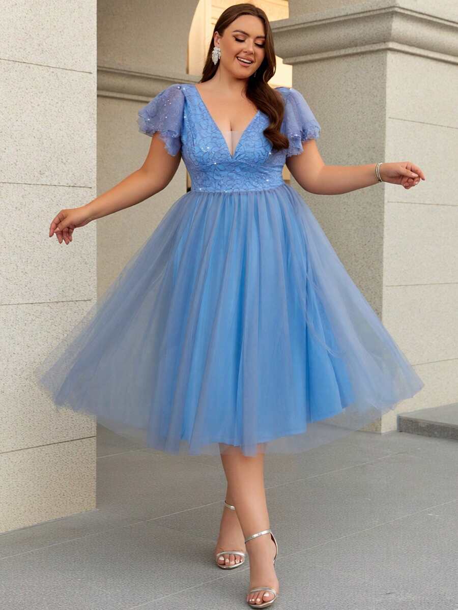 Women Plus Size Elegant Sequin Floral Print Mesh Applique V-Neck Cocktail Party Bridesmaid Dress For Wedding Guest, Homecoming, Spring/Summer/Autumn