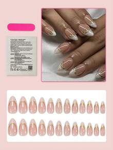 24pcs Short Almond-Shaped French Manicure Nail Stickers, Gold Line Art Minimalist Style Full Coverage, Suitable For Women And Girls Daily Wear, Summer Nail Art Supplies Nails - Multicolor - View 3