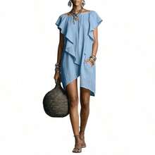Women's Linen Blend Mini Dress, Boat Neck Ruffle Short Sleeve Asymmetrical Hem Shift Dress With Pockets, Casual Summer Outfit For Everyday & Vacation - 粉色 - 查看 7