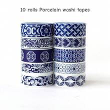 10 rouleaux de set d'autocollants de ruban washi vintage bleu et blanc, motif en céramique traditionnelle chinoise. Ruban décoratif en papier, accessoires de papeterie pour le DIY, le journal, le planificateur, le scrapbooking et l'artisanat. - Ruban adhésif décoratif Washi - Voir 10