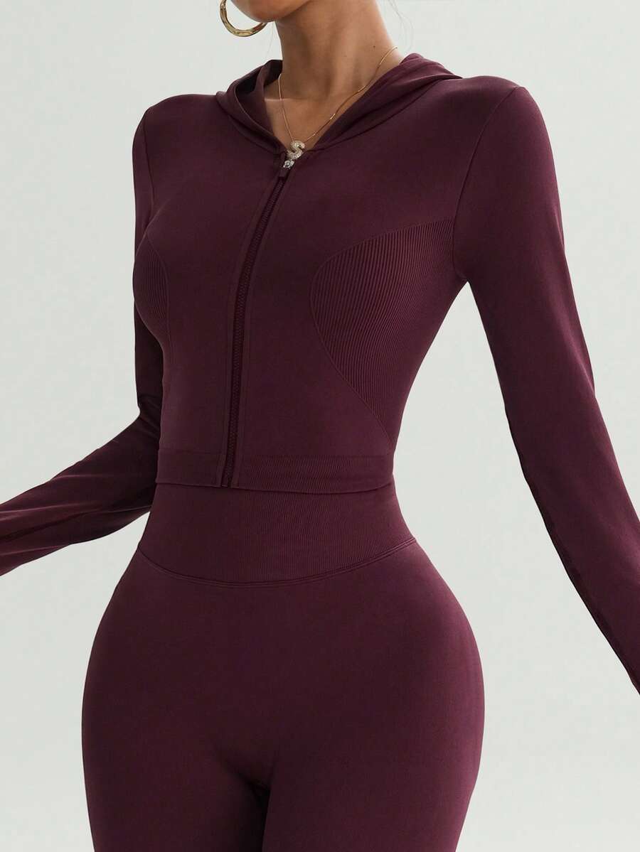 Damen Fitness-Yoga-Jacke in Burgunderrot mit Daumenlöchern, Slim Fit, Bauchkontrolle, Sommerstil