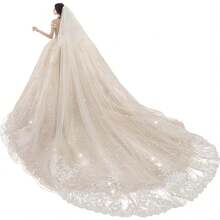 Wedding Veils Cathedral Length 2 Tier Long Sequins Lace Blusher With Comb - Ivory - View 7