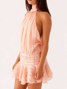 Women Chiffon Mini Halter Neck Dress Pleated Sleeveless Open Back A-Line Layered Ruffle Short Dress Vacation Club Party Wear - Orange - View 4