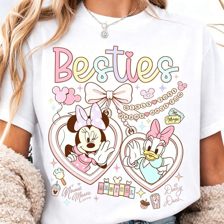Camisetas de mujer de Disney con diseño de lazo para mejores amigas, camisetas holgadas 100% algodón de estilo retro de manga corta y casual, y camisetas con estampado gráfico para uso a juego en viajes de chicas - Blanco - Ver 1