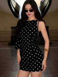 Vestido mini ajustado con estampado de lunares asimétrico y tirantes, elegante negro para primavera/verano - Negro - Ver 3