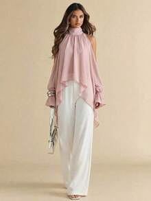 2026 Blusa elegante sin espalda de manga larga, camisa de gasa con cintura anudada y asimétrica, adecuada para fiestas, bodas, invitados, primavera, verano, otoño - Rosa vieja - Ver 6