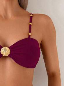 Swim Chiccia Conjunto de bikini marrón de cintura alta con control de abdomen, correa con cuentas y hebilla de metal elegante para vacaciones de mujer, primavera/verano 2025 - Burdeos - Ver 5