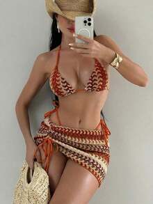 Swim  Conjunto de bikini sexy de 3 piezas con vestido mini de tirantes de espagueti y cuello de halter de tela jacquard para mujer - Multicolor - Ver 8