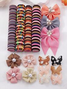 167pcs Vintage Soft Girl Ins Style Hair Accessories Set, Includes Rhinestone Pearl Bow Hair Clips, Printed Butterfly Hair Clips, Pearl Flower Hair Clips, High Elastic Hair Ties, Multi-Style Combination, Non-Damaging Design, Suitable For Daily Wear, Outings, Parties - Multicolor - View 4