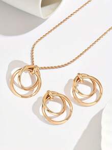 Ensemble de bijoux polyvalent 3 pièces avec boucles d'oreilles clous et pendentif en chaîne métallique à motif géométrique de cercle - Jaune doré - Géométrique - Voir 2