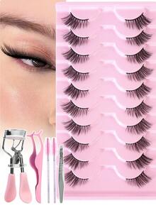 MAANGE 10 Pairs Fox Eye False Eyelashes Set, 5 Makeup Tools, Half-Strip False Eyelashes, Slim Daily Use, Curled And Enlarged Eyes, Eyelash Strips, Soft Half-Eye Shape, Suitable For Daily Wear - Black - View 2