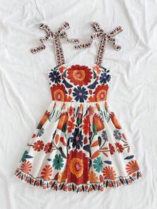 Vestido de verano corto y lindo de línea A con cintura recogida, lazo y bordado de margaritas para mujeres en vacaciones - Multicolor 2 - Ver 4