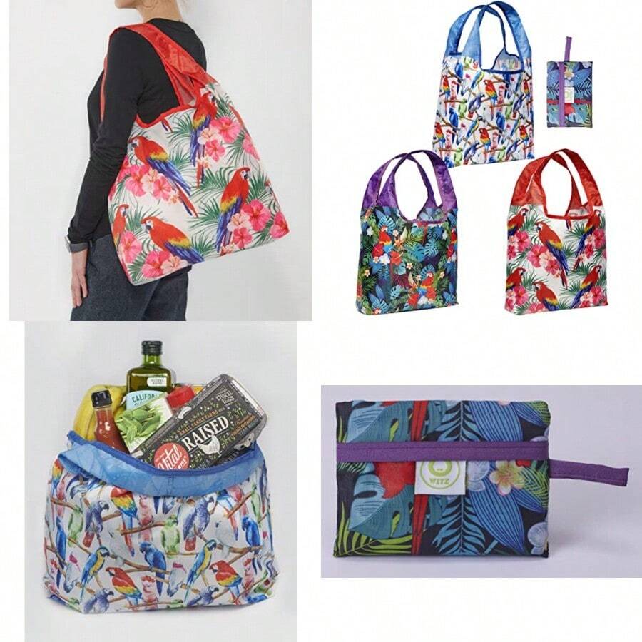 O-WITZ Bolsas reutilizables para comestibles gimnasio oficina playa juguetes y más diseño lavable con asas grandes para máxima comodidad se pliega en una bolsa pequeña 3 loros - Paquete de 3 loros - Ver 1
