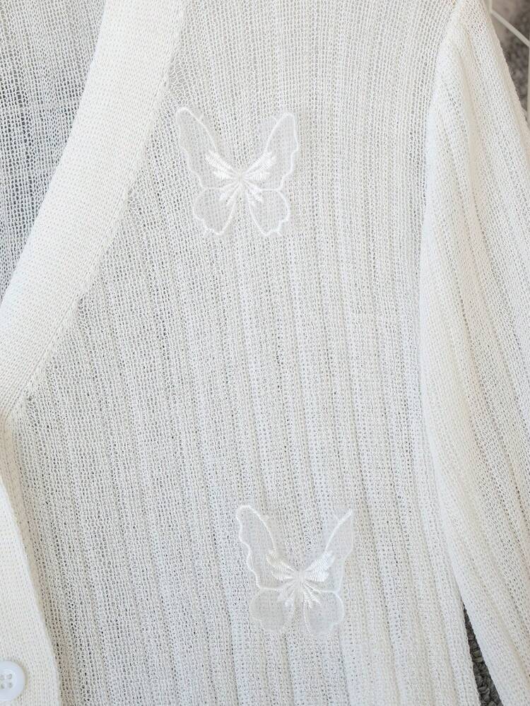 Women's White Knitwear Cropped Cardigan With V Neck And Long