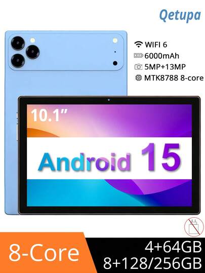  Qetupa 推出的这款 10.1 英寸 Android 15 平板电脑，提供三种存储配置：4GB RAM + 64GB ROM / 8GB RAM + 128GB ROM / 8GB RAM + 256GB ROM（支持最高 1TB SD 卡扩展）。它搭载 MTK8788 八核 2.0GHz 处理器，配备 1280x800 分辨率 IPS 触控屏、500 万像素前置摄像头和 1300 万像素后置摄像头、6000mAh 电池、蓝牙 5.2、802.11ax Wi-Fi 6、GPS 和 Type-C 充电接口。不支持 SIM 卡——轻巧便携，经久耐用，是商务人士和学生的理想之选。