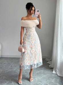 Vestido de verano minimalista y sexy con hombros descubiertos, bordado, parches de malla y volantes de punto de poliéster para mujer - Albaricoque - Ver 1