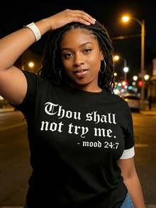 Thou Shalt Not Try Me Slogan T-Shirt Women Crew Neck Medium Stretch Suitable Assertive Style Outdoor - Black - View 6