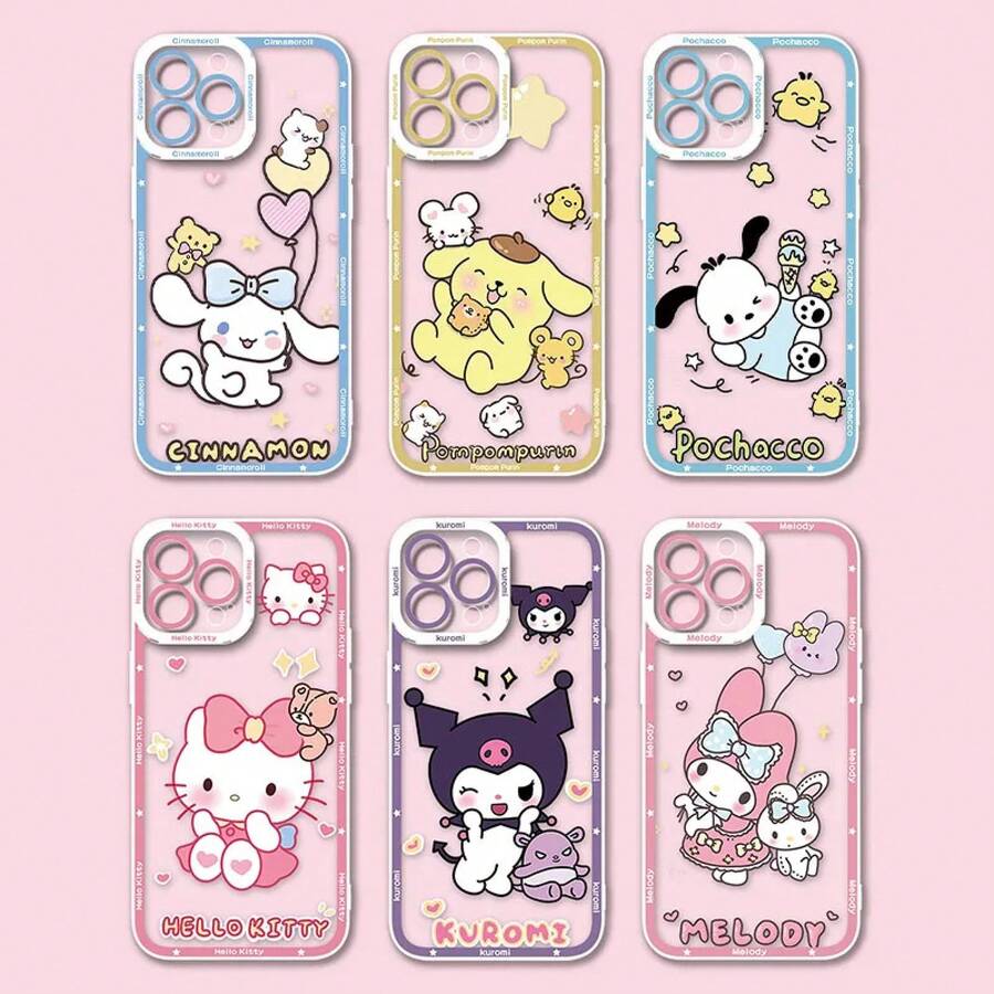6 Types Of Sanrio Characters Frame-Bordered Transparent TPU Smartphone Case Compatible With IPhone 11/12/13/14/15/16/17 Pro Max Plus Lens-Bordered Logo Shockproof Clear Cover - 3 - View 1