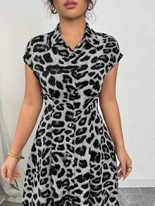 Vestido abotonado de manga corta con cuello, cintura ceñida y estampado de leopardo elegante para mujer - Gris - Ver 7