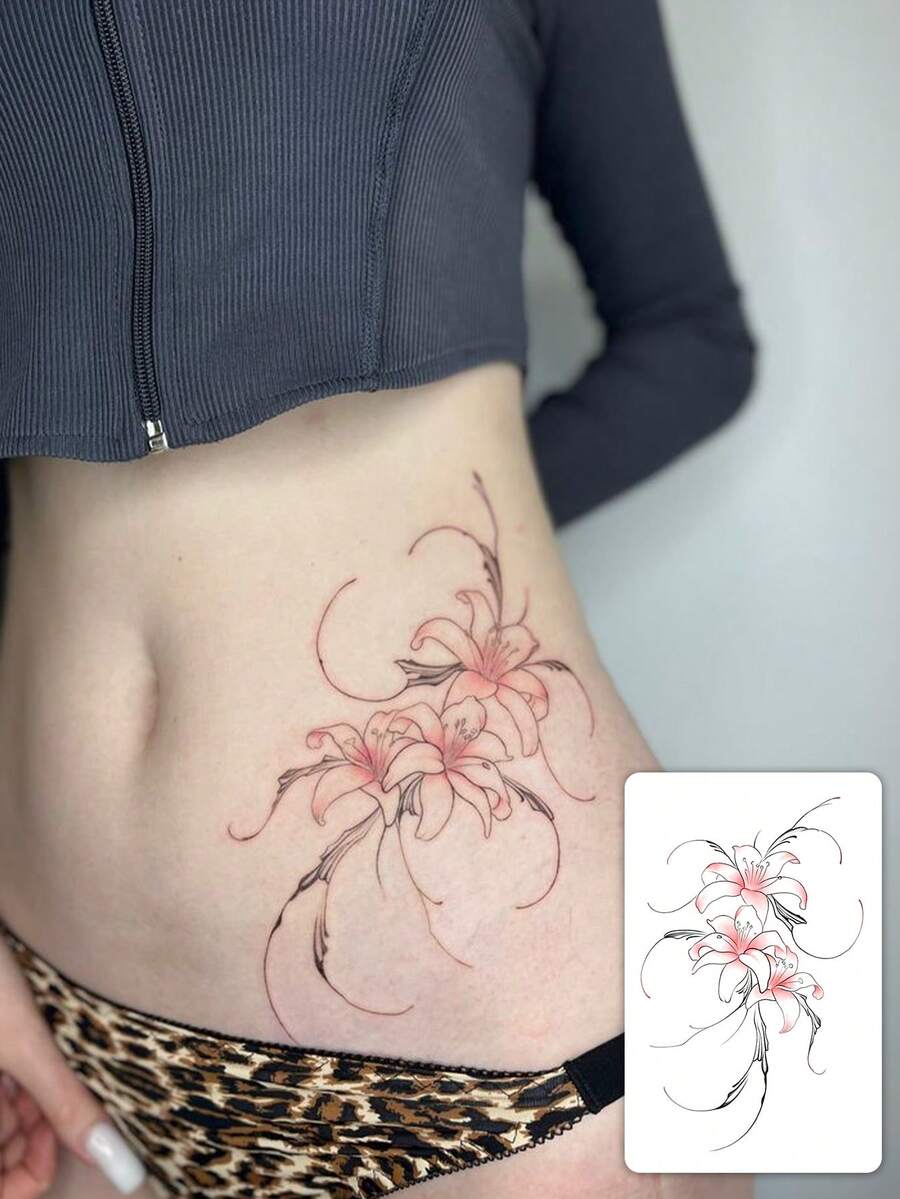 1 片时尚、可水洗、潮流逼真的百合花临时纹身贴纸。防水、持久、逼真,采用清新藤蔓设计,适合女性贴在腰部或侧腰,也适合所有人。 - 彩色 - 查看 1