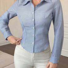 Camisa de manga larga a rayas minimalista y casual para mujer - Caqui - Ver 5
