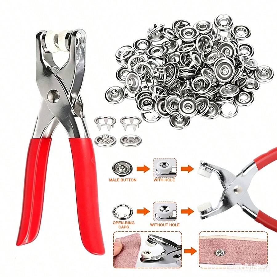 Juego de Broches de Metal DIY, Incluye Alicates para Broches, Adecuado para Costura y Manualidades (9.5mm), Se Puede Usar para Ropa, Mochilas, Mamelucos de Bebé, Proyectos de Costura y Manualidades. - plata - Ver 1