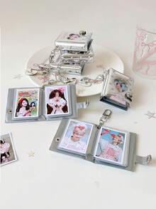 Y2K Silver Mini Photo Album Keychain Cute Heart Hollow 2 Inch Photo Book Keyring Car Keychain Portable Photo Holder Pendant Bag Charm Gifts - Multicolor - View 7