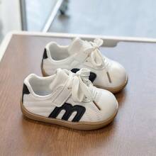 1 par de zapatos para niños talla 21-30, zapatos pequeños blancos con cordones de imitación de cuero, zapatillas casuales con suela blanda antideslizante para bebés/niños pequeños, unisex adecuados para todas las estaciones - Negro - Ver 4