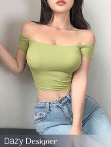 Designer Camiseta ajustado verde de hombros caídos para mujer, top corto para mujer, top de hombros descubiertos - Verde - Ver 8