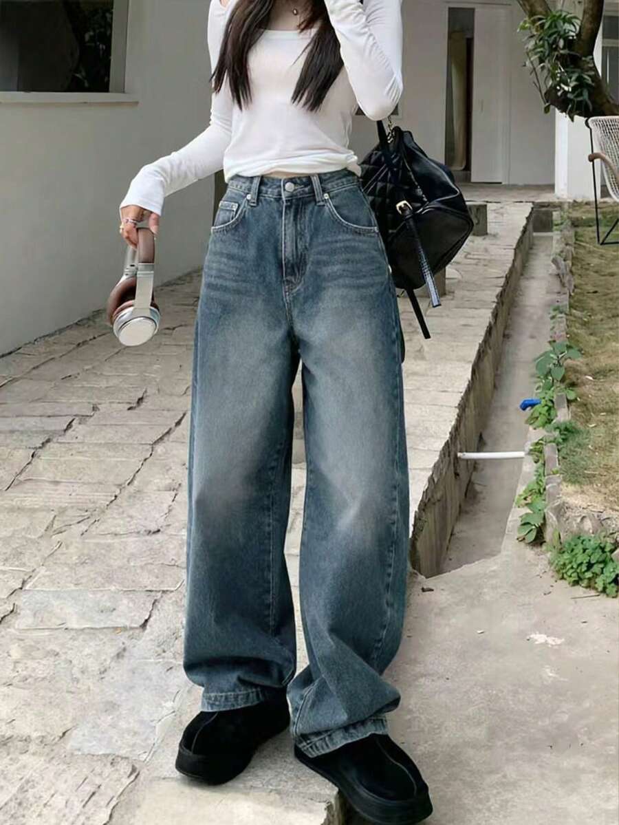 Jeans de pierna ancha de cintura alta, ajuste holgado, lavado desteñido azul oscuro, moda casual para vacaciones - Azul - Ver 1