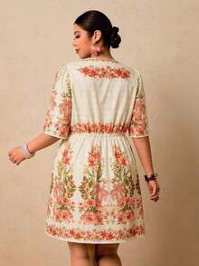 Vestido corto con estampado floral negro para mujer de talla, vestido corto con cuello en V, manga corta y cintura ceñida, vestido romántico para vacaciones en una isla a principios de primavera, vestido bohemio - Blanco - Ver 10