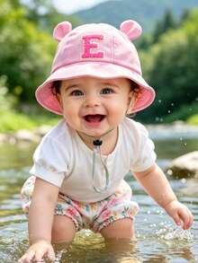 1 pieza Sombrero de cubo para bebé con diseño de oreja linda, sombrero de sol con estampado de letras A-Z para niños, estilo casual con cordón ajustable, adecuado para protección solar al aire libre y en la playa - Rosa - Ver 2