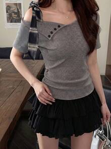 不對稱蝴蝶結設計露肩短袖T恤，修身貼身休閒上衣，女款夏季 - 灰色 - 查看 1