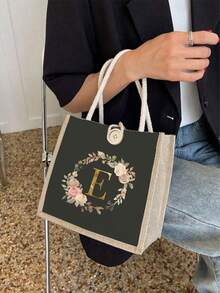 1个简约字母印花帆布手提袋，多功能便携教师手提包，女士礼物，毕业礼物，字母图案礼品袋，大容量印花女士手提包，可重复使用购物袋，适合日常使用、度假、通勤、旅行 - 彩色 - 查看 8
