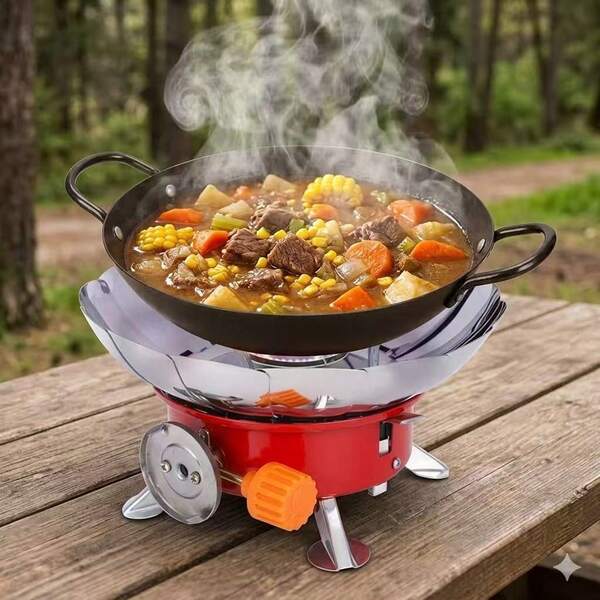 1 pièce Réchaud à gaz portable multifonction pliable et coupe-vent pour l'extérieur, réchaud de camping intégré, réchaud de tapis d'extérieur, coupe-vent, concentré de chaleur, réchaud réutilisable propre, réchaud à gaz portable, réchaud de camping, réchaud de surface d'eau de montagne, grill barbecue d'extérieur