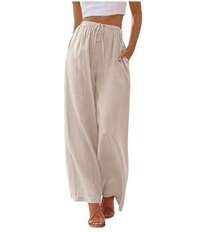 Pantalones de lino holgados de talla grande para mujer, con bolsillos y cordón ajustable, de pierna ancha. - Rojo - Ver 6