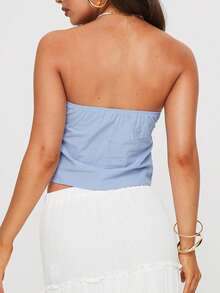 Women Drawstring Tube Tops Solid Color Summer Strapless Cropped Bandeau Backless Shirts For Streetwear - Sky Blue - View 5