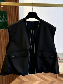 Chaleco corto sin mangas para mujer, con dobladillo de burbuja de unicolor fresco de otoño, cuello redondo con cremallera, de moda y versátil, ajustado para vacaciones de verano - Negro - Ver 1
