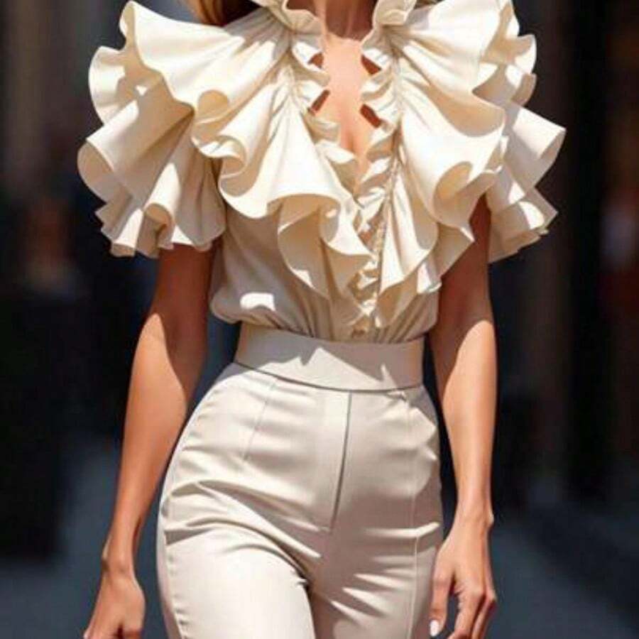 Fashion Women's Clothing Blusa elegante de unicolor con volantes - Albaricoque - Ver 1
