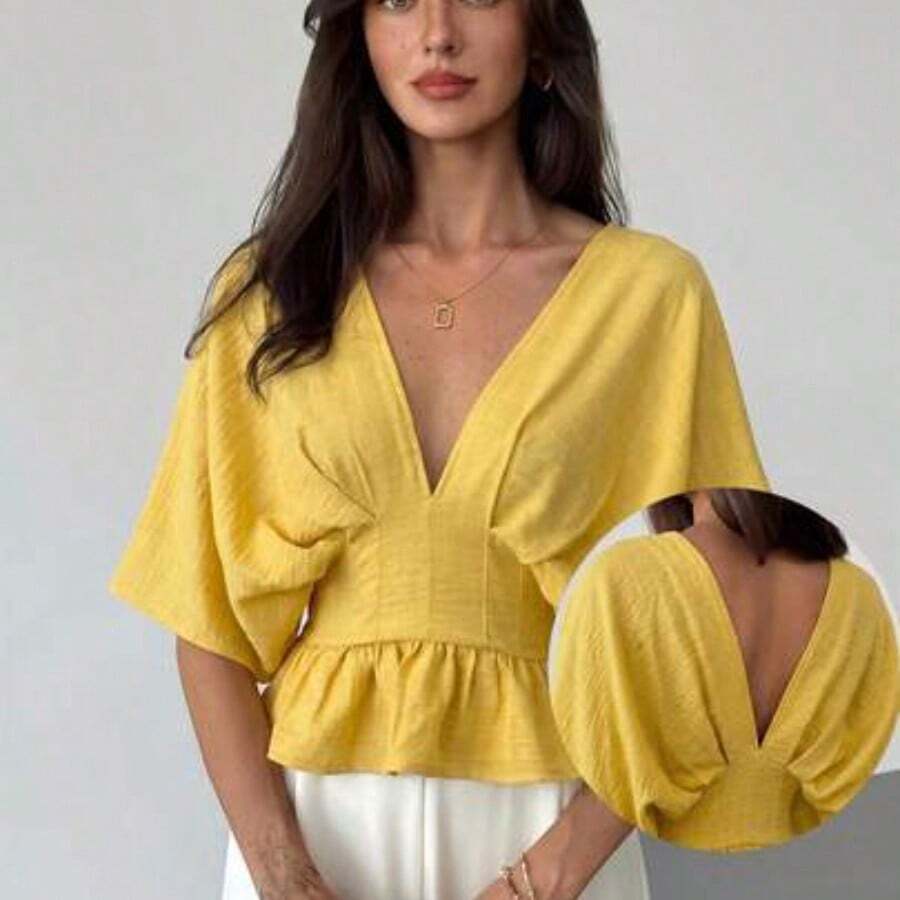 Fashion Women's Clothing Blusa de mujer de unicolor con cuello en V, volantes y pliegues de moda, para otoño, para mujeres, para maestras, para negocios casuales. Azul marino, cuello en V, hombros caídos, cintura ceñida, pliegues fijos, estilizadora, elegante para oficina y uso diario. - Amarillo claro - Ver 1