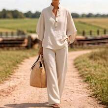 2026 Spring/Summer Casual Buttoned Shirt And Wide-Leg Pants Linen Two-Piece Set Women's Linen Two-Piece Set - Apricot - View 2