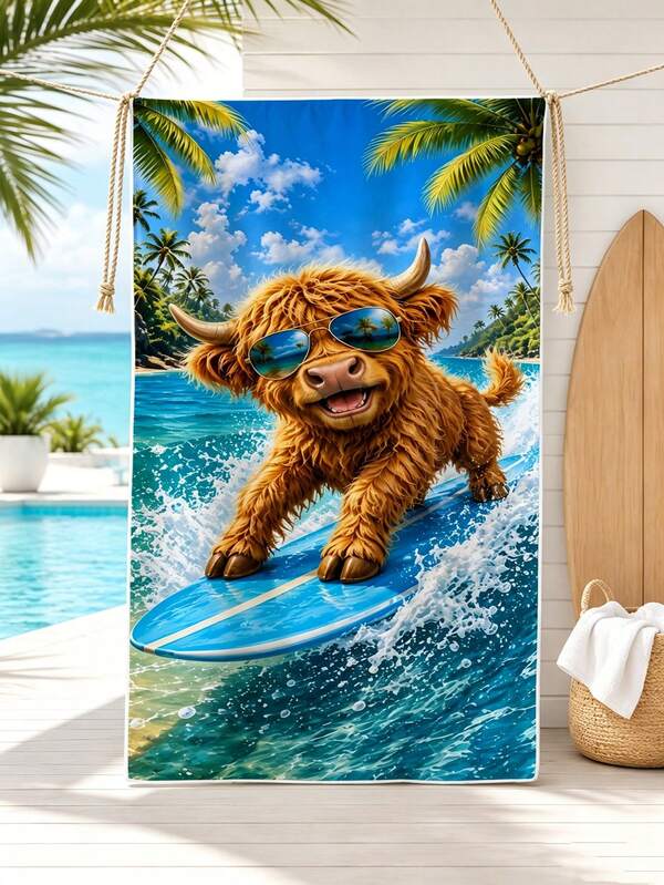 1pc Surfing Highland Cow Children's Beach Towel Bath Towel, Ultra-Fine Microfiber Oversized Beach Blanket, Super Absorbent Bath Towel, Suitable For Travel, Pool, Diving, Surfing, Yoga, Camping, Multiple Sizes, Beach Accessories, Applicable For Beach, Pool, Travel, Camping, Yoga