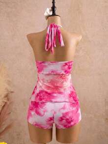 Bellisia Conjunto de traje de baño de dos piezas para mujer con top tankini de cuello halter con lazo y decoración metálica de unicolor y Bottom de bikini triangular, adecuado para vacacione - Multicolor 2 - Ver 7
