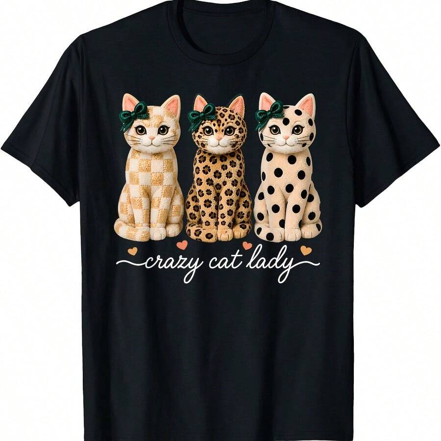 Crazyss Catss Ladyss Leopard Print Polka Dot Plaid Pattern Catsss T-Shirt - Black - View 1