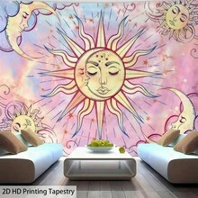 数码印花星空十二星座桃色天鹅绒挂毯，卧室家居装饰月亮星星太空黑白墙毯 - 彩色 - 查看 8