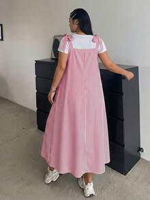 大尺碼女款條紋雙口袋休閒寬鬆吊帶長洋裝，優雅夏季紅色女裝套裝 - 紅色 - 查看 4